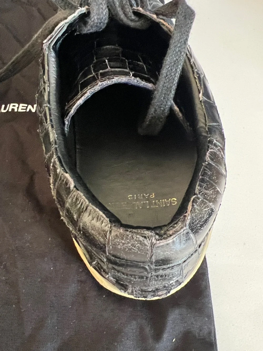 Saint Laurent Black Croc-Embossed Leather Lace-Up Sneakers with Gum Sole - Picture 7 of 7